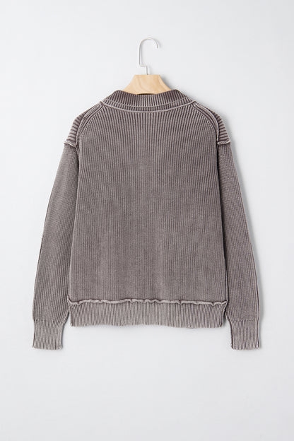 Chestnut Mineral Wash Exposed Seam Patchwork Knit Open Sweater Cardigan