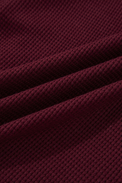 Burgundy Waffle Splicing Zip Up Front Button Hooded Jacket