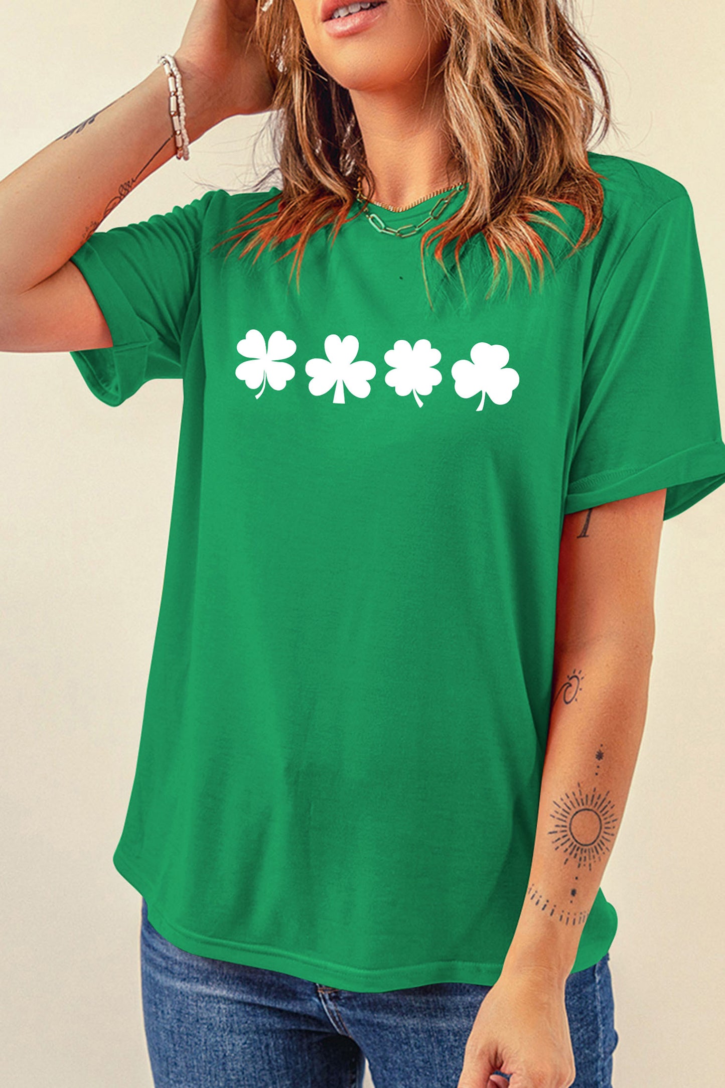 Bright Green St Patricks Day Clover Printed Casual T Shirt