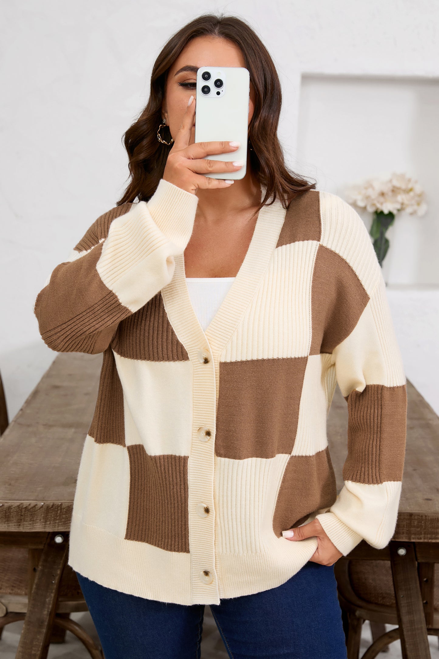 Khaki Checkered Ribbed Texture Knit Plus Size Cardigan Sweater
