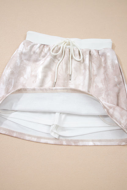 White Abstract Woodland Print Balloon Sleeve Pullover Drawstring Mini Skort Set
