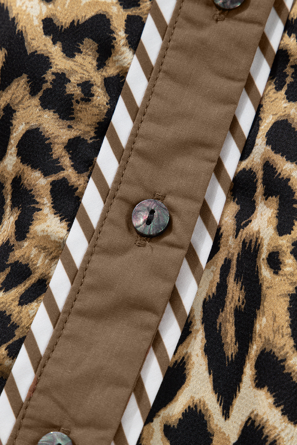 Brown Leopard Collared 3/4 Sleeve Shirt and Loose Pants Two Piece Outfit Set