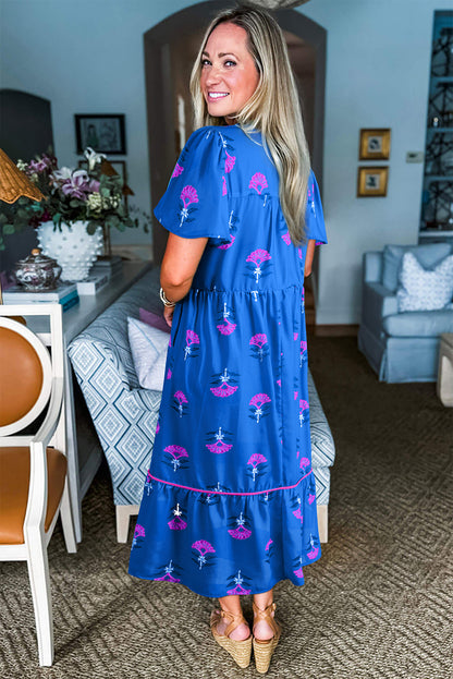 Blue Floral Print Notched Neck Butterfly Sleeve Shift Long Dress