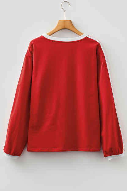 Fiery Red Varsity Striped Accent Contrast Crew Neck Long Sleeve T Shirt
