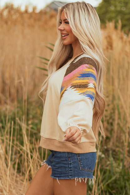 Light French Beige Aztec Patchwork Raglan Pullover Sweatshirt