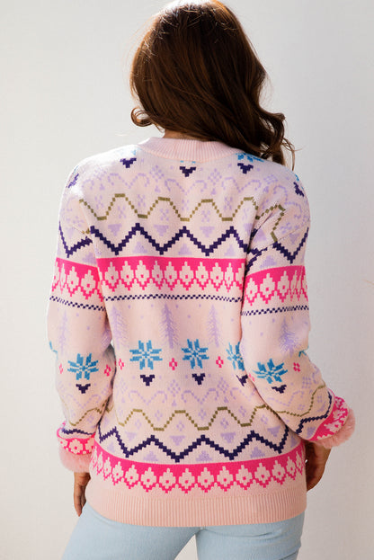 Multicolour Ethnic Christmas Pattern Knit Feather Cuffed Sweater