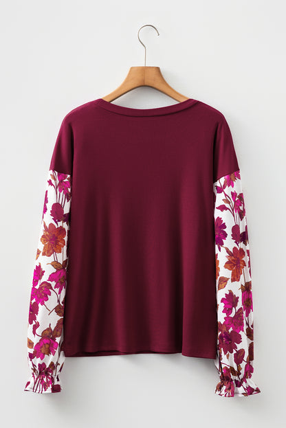 Wild Ginger Contrast Floral Sleeve Solid Ribbed Body Patchwork Long Sleeve Top