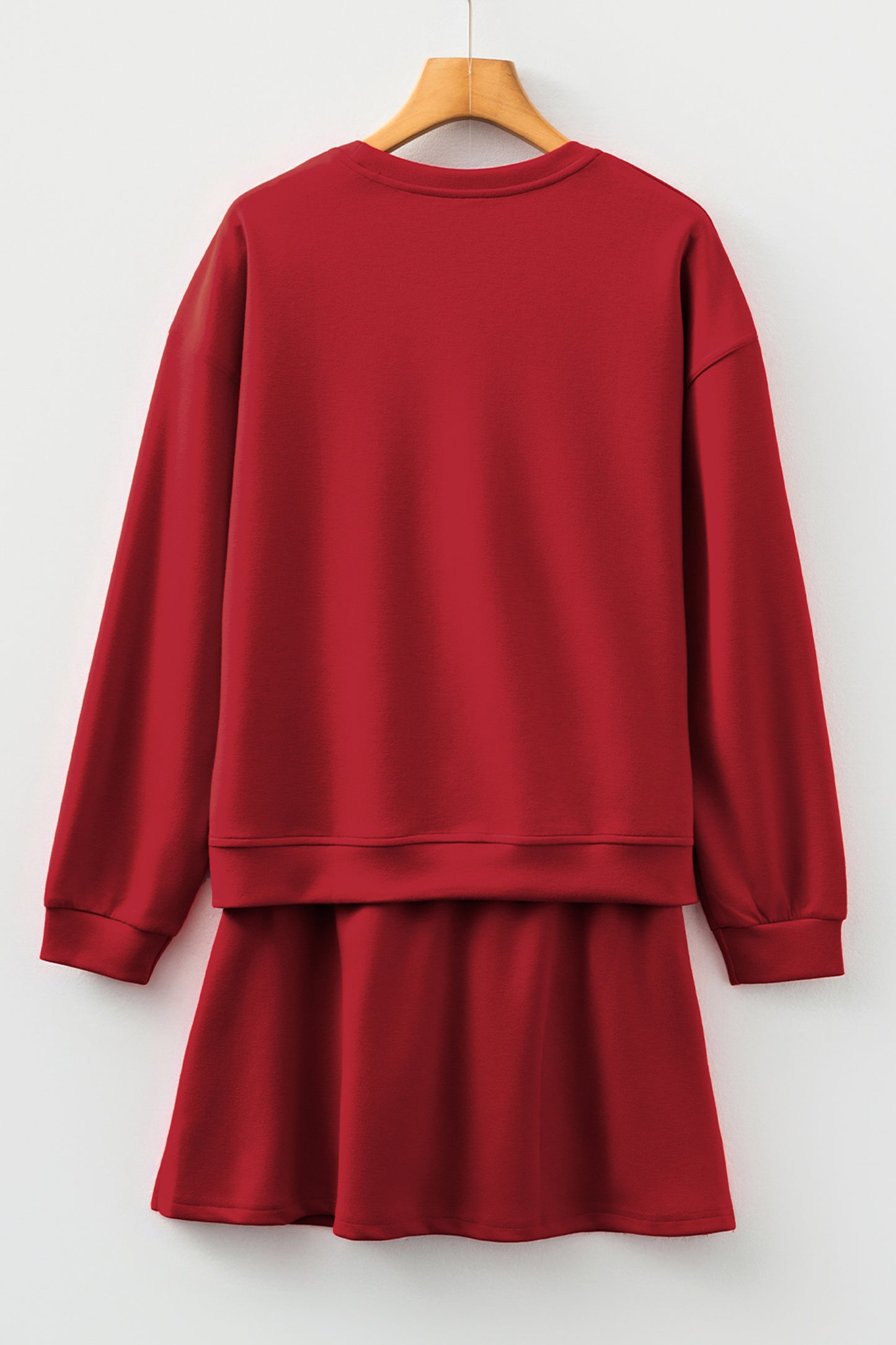 Racing Red Solid Color Drop Shoulder Pullover Drawstring Mini Skirt 2pcs Outfit