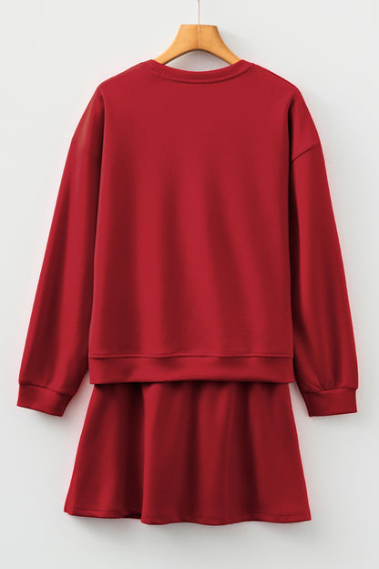 Racing Red Solid Color Drop Shoulder Pullover Drawstring Mini Skirt 2pcs Outfit