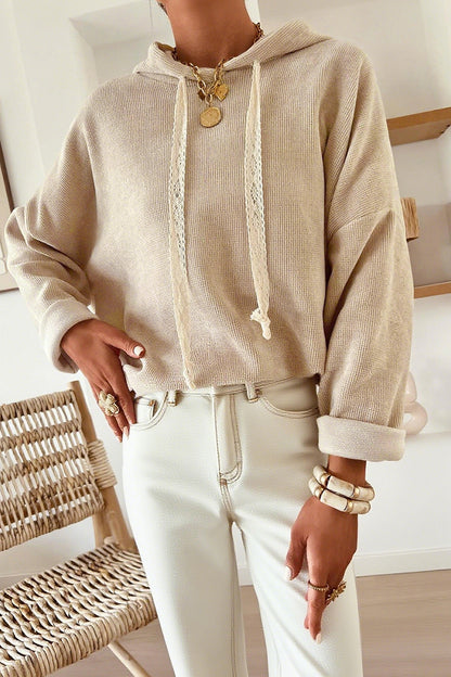 Parchment Thermal Textured Leopard Drawstring Baggy Hoodie