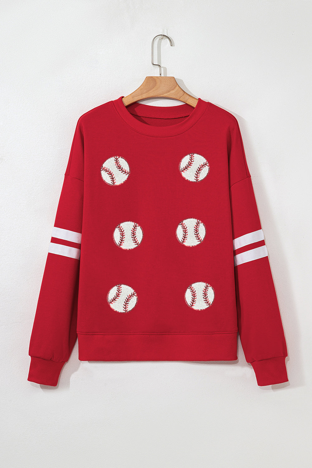 Fiery Red Sequin Baseball Patched Oversized Varsity Sweatshirt