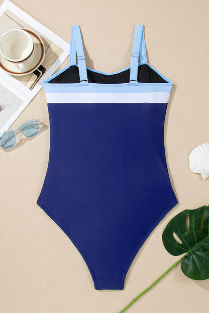Navy Blue Color Block Detail Adjustable Straps One Piece Swimsuit