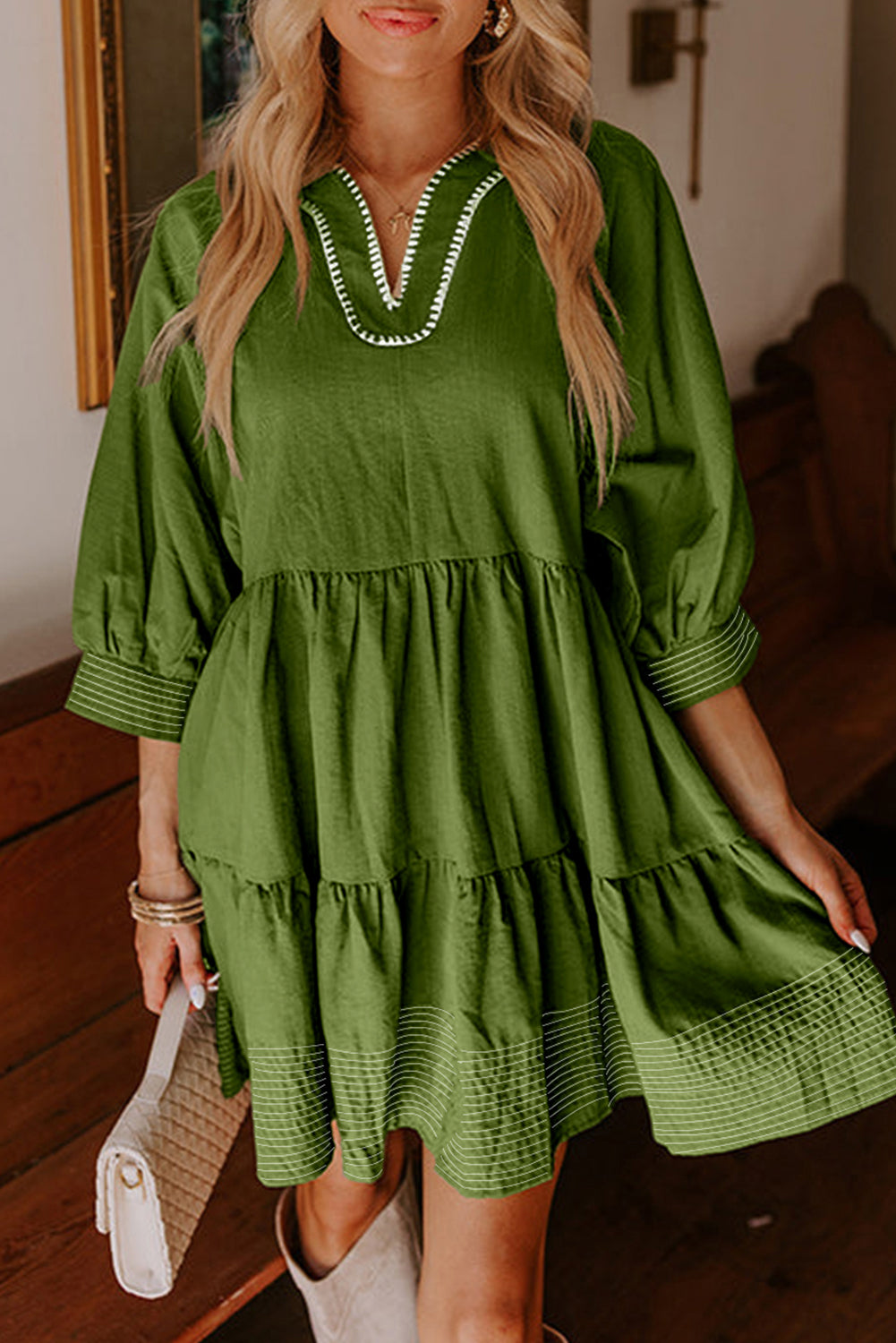 Jungle Green Contrast Stitched V Neck 3/4 Sleeve Tiered Mini Dress