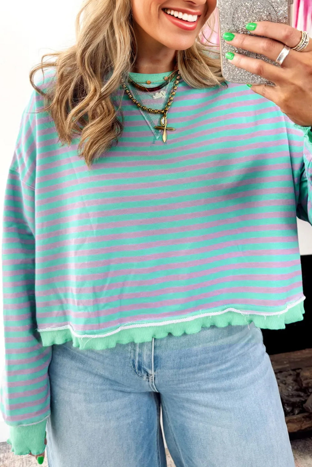 Green Stripe Exposed Seam Contrast Ribbed Trim Oversize Sweatshirt