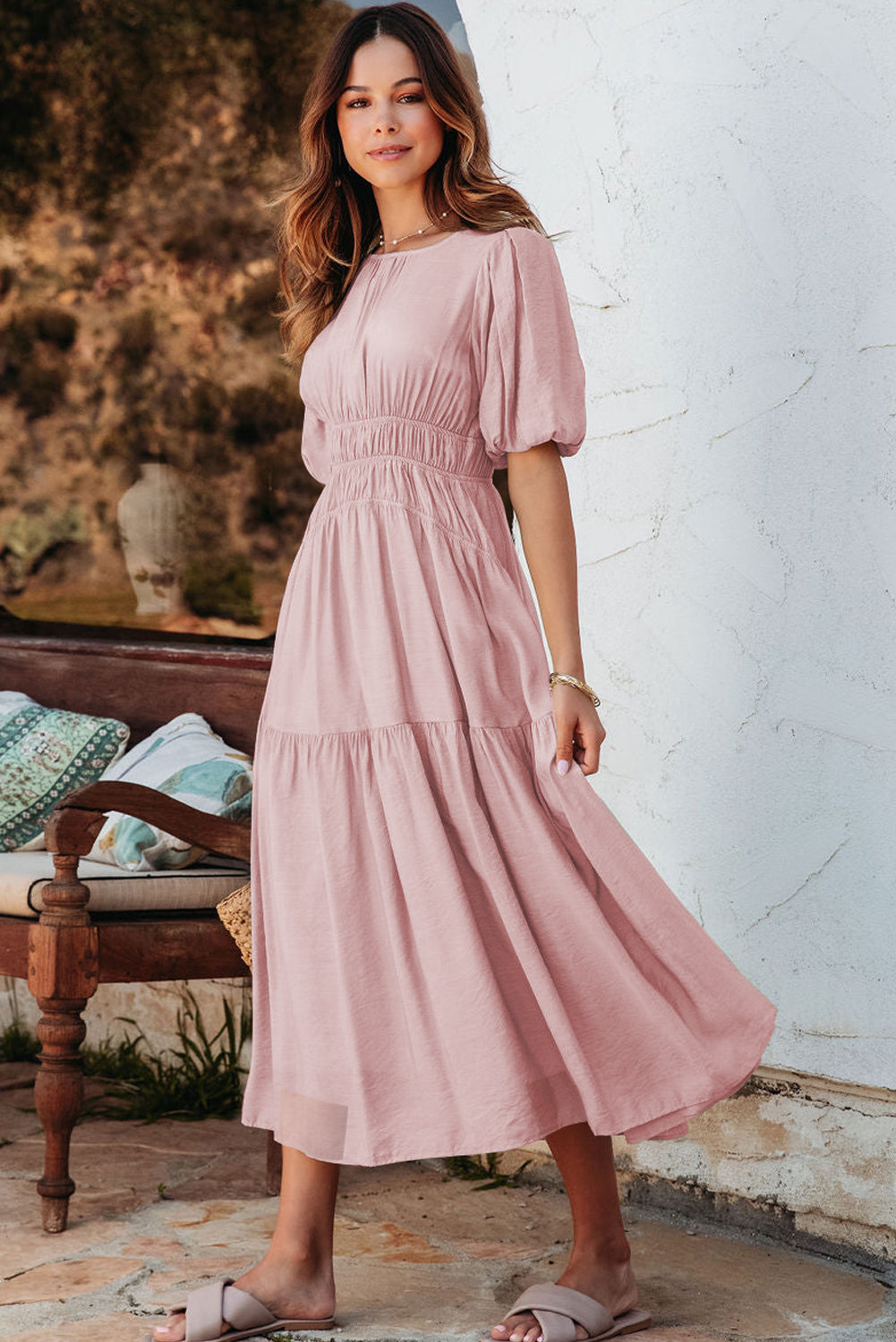 Pink Puff Sleeve Pleated High Waist Flowy Midi Dress