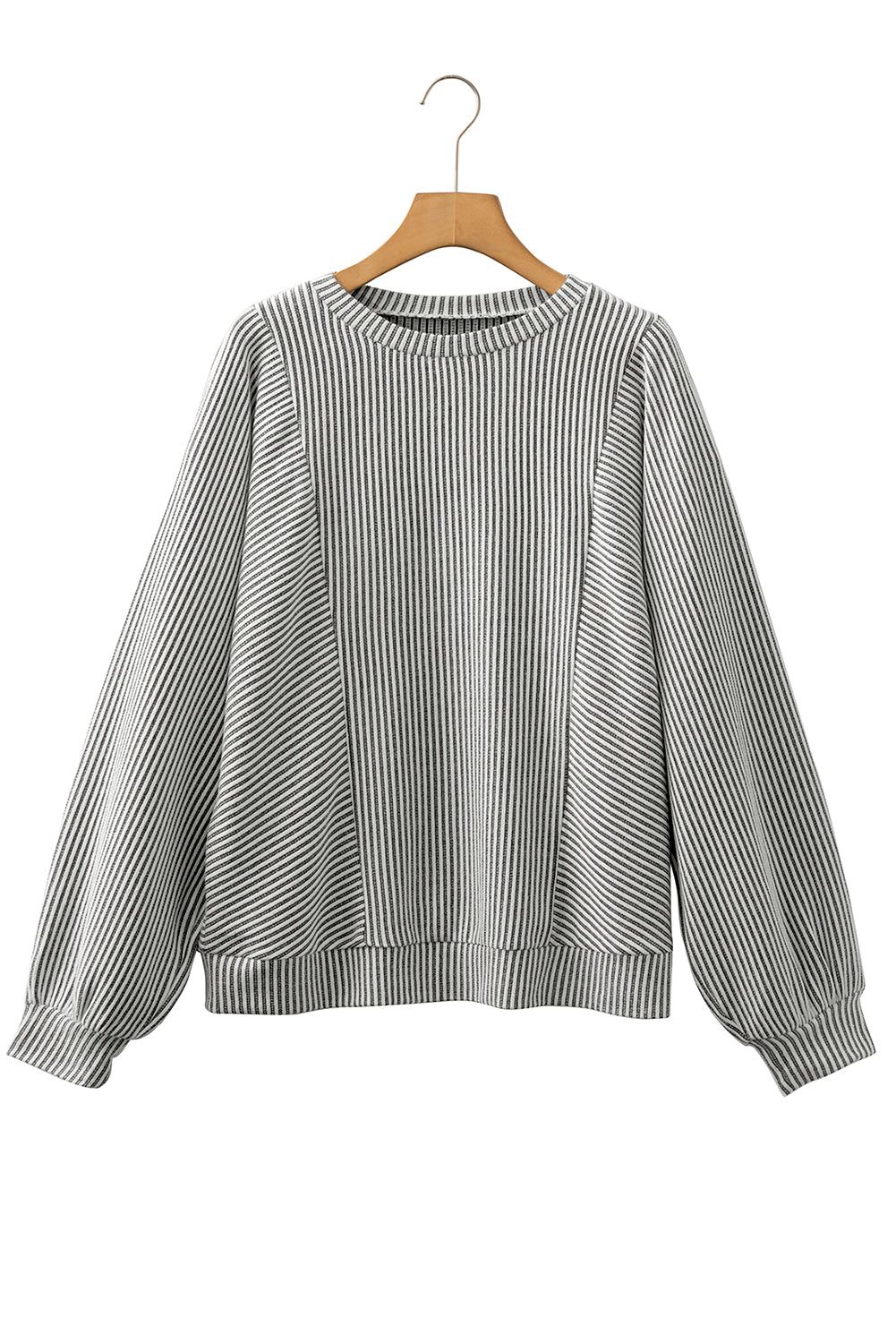 Gray Ribbed Knit Round Neck Long Lantern Sleeve Top