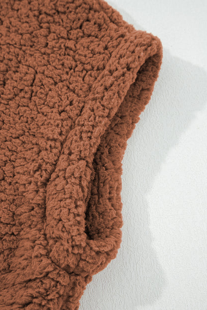 Cinnamon Faux Fur Snap Button Front Knot Side Plush Vest with Pockets