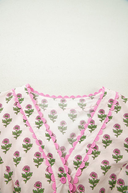 Pink Floral Print V Neck Scallop Trim Button Front Short Sleeve Long Dress