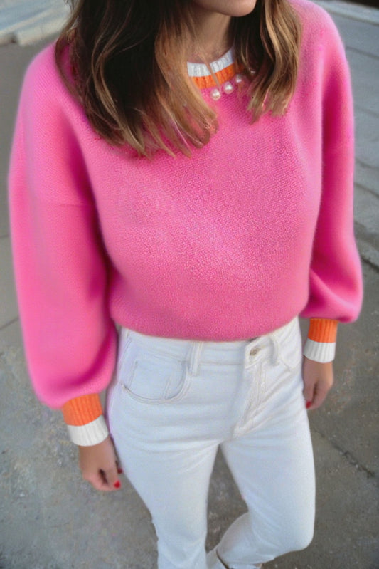 Sachet Pink Contrast Crew Neck Pearled Decor Drop Shoulder Knit Sweater