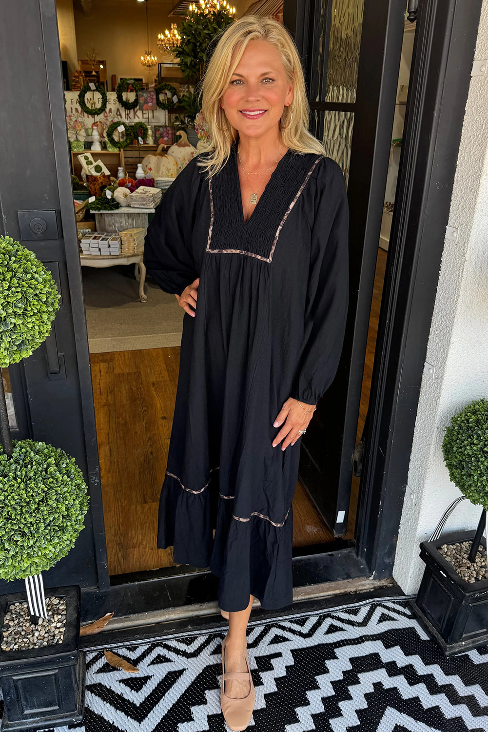 Four Leaf Clover Collared V Neck Smocked Detail Contrast Leopard Trim Bracelet Sleeve Long Dress