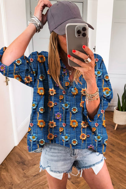 Blue Floral Collared V Neck Roll up Sleeve Shift Blouse