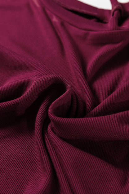 Wild Ginger Contrast Floral Sleeve Solid Ribbed Body Patchwork Long Sleeve Top