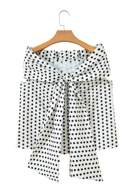 White Polka Dot Off Shoulder Bow Knot Short Sleeve Blouse