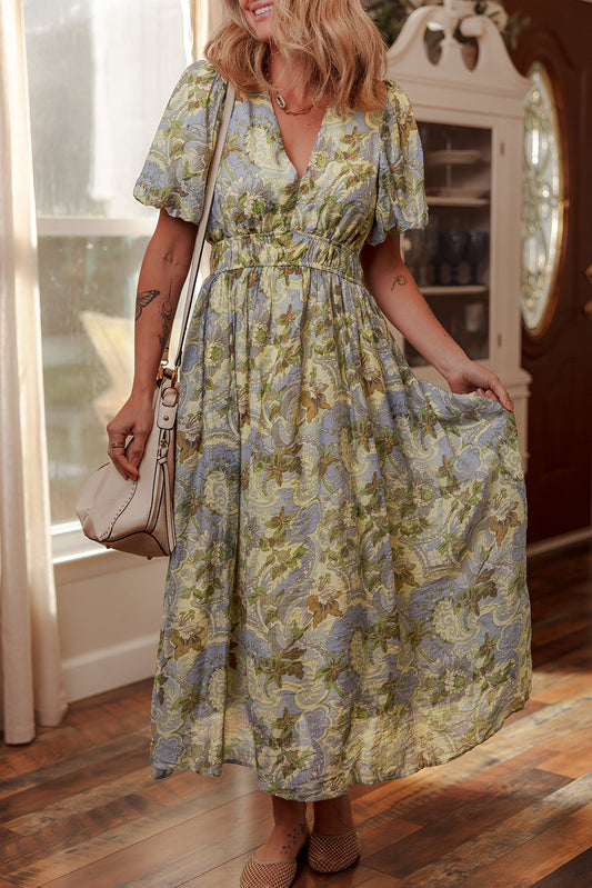 Multicolour Vintage Floral V Neck Short Puff Sleeve Long Dress