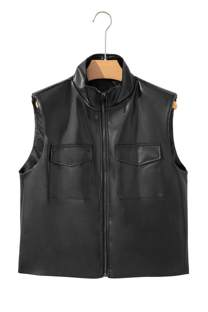 Black Double Flap Pocket Faux Leather Zip Up Stand Neck Vest