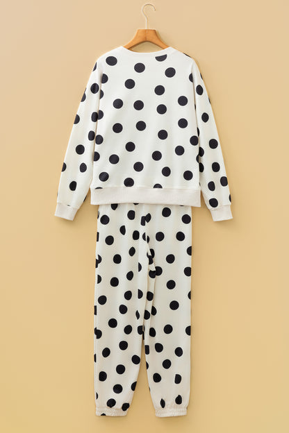 Beige Polka Dot Print Drop Shoulder Pullover Drawstring Jogger Pant Set