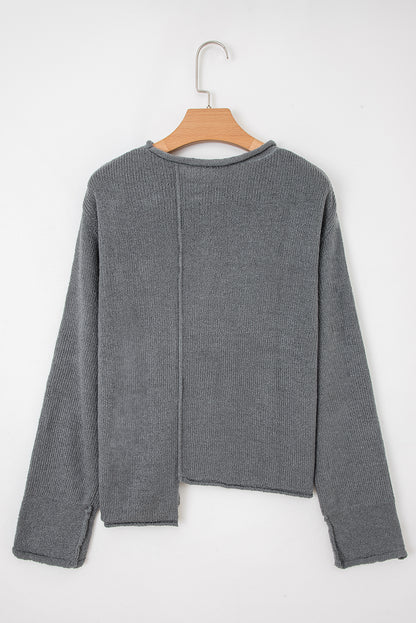 Medium Grey Raw Edge Uneven Hem Patchwork Drop Shoulder Sweater