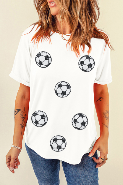 White Sequin Football Patched Graphic Game Day T Shirt