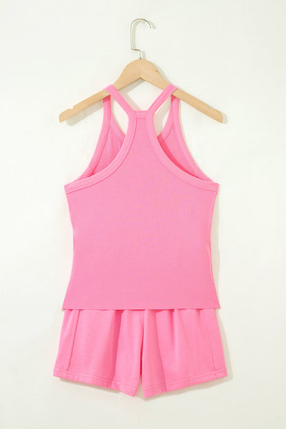 Sky Blue Slim Tank Top Elastic High Waist Shorts 2pcs Outfit