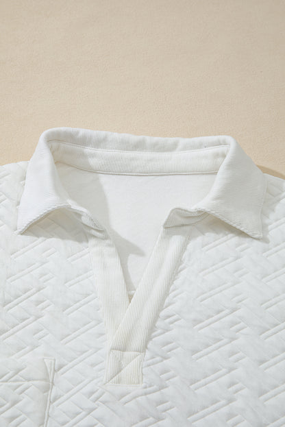 White Textured Pocketed Collared V Neck Pullover Sweatshirt