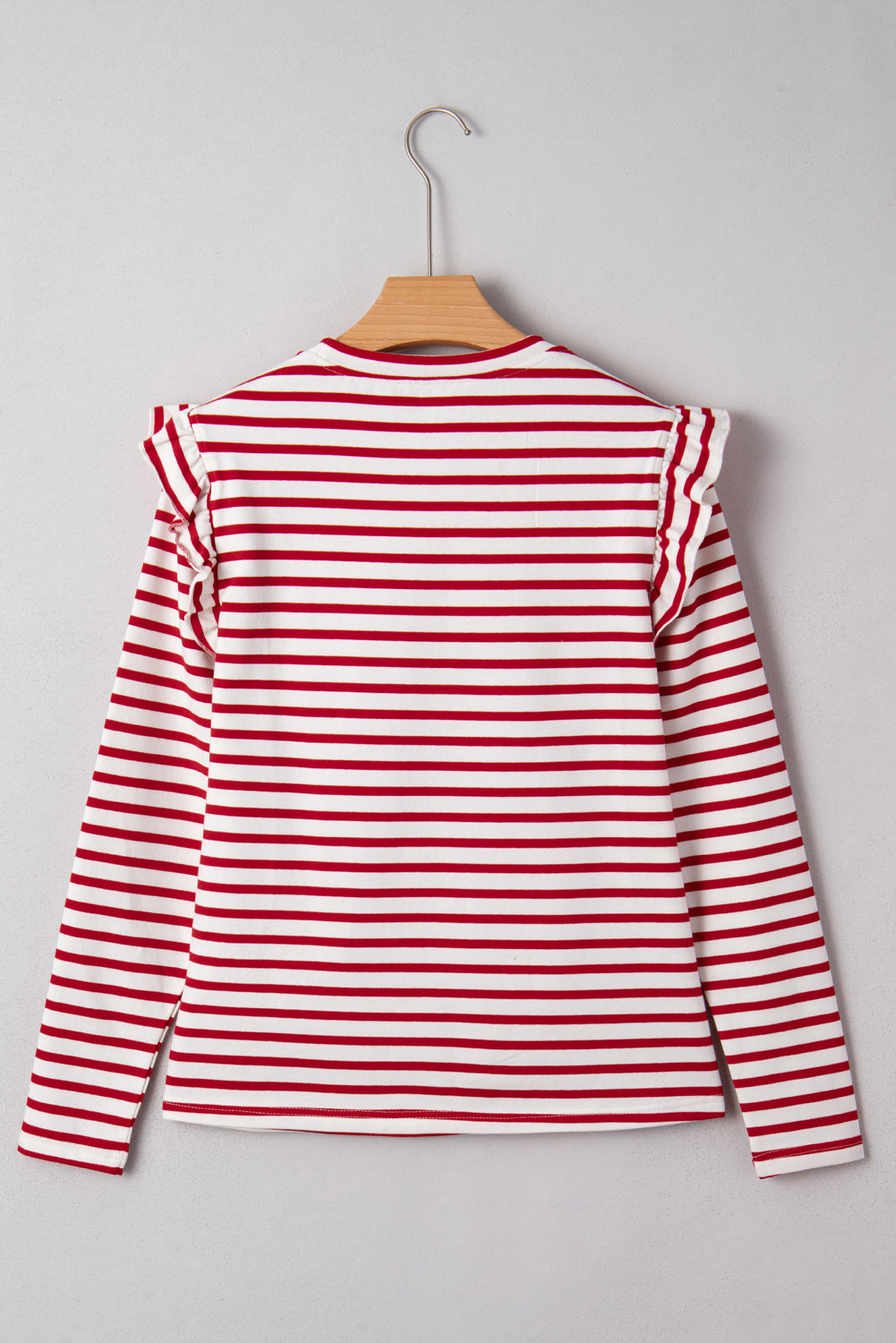 Red Stripe Round Neck Ruffle Trim Long Sleeve Top