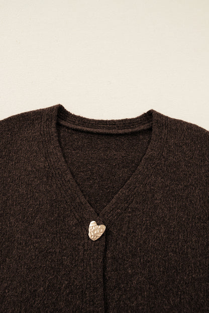 Chicory Coffee Heart Metal Button V Neck Cardigan Sweater