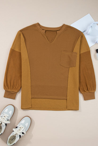 Multicolor Oversized Mixed Textured Split Neck High Low Patchwork Sweatshirt