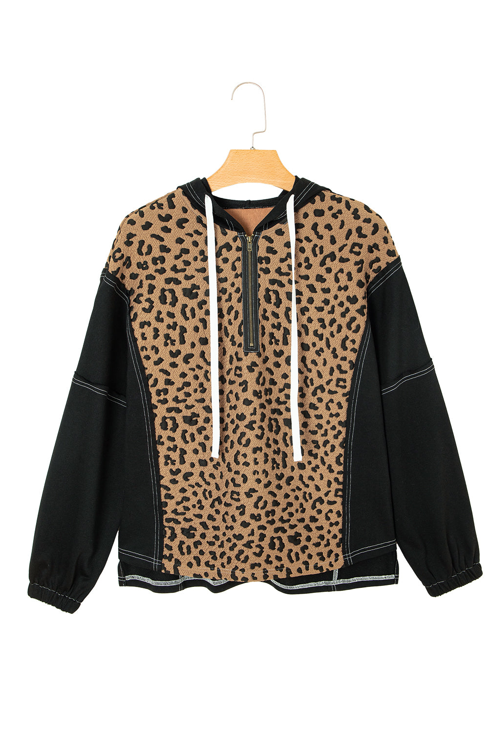 Brown Leopard Patchwork Contrast Stitching Knotted Cuff Quarter Zip Hoodie