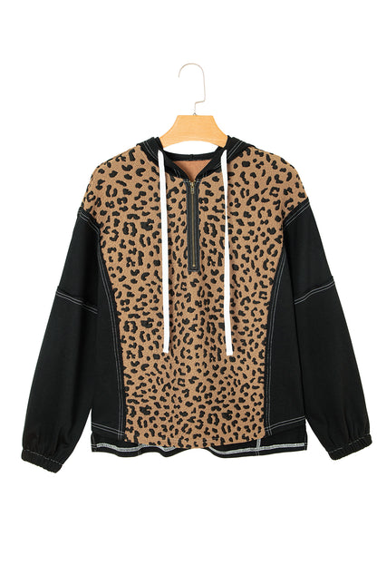 Brown Leopard Patchwork Contrast Stitching Knotted Cuff Quarter Zip Hoodie