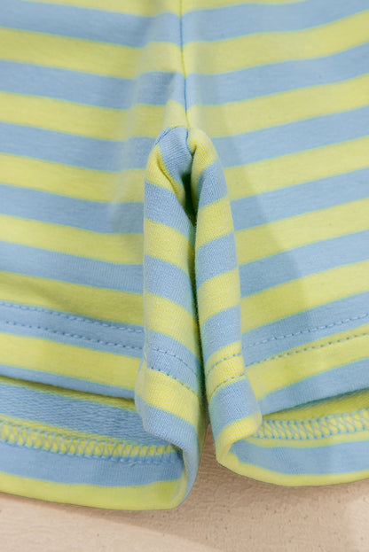 Yellow Stripe Color Block Detail Long Sleeve Pullover Elastic Waist Pull On Shorts 2pcs Set