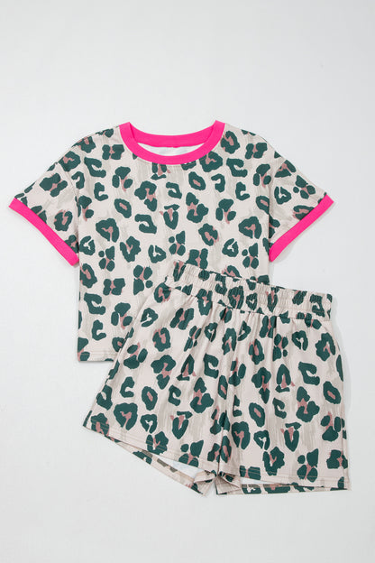 Brown Unique Leopard Print Contrast Trim Top Loose 2pcs Short Set