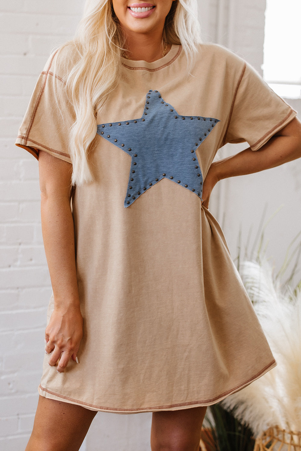 Pale Khaki Mineral Wash Stud Beaded Star Graphic Pocketed T Shirt Dress