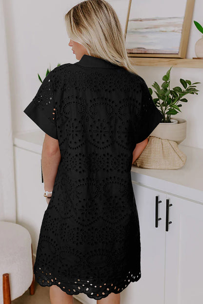 Dark Blue Solid Color Eyelet Embroidered T Shirt Mini Dress