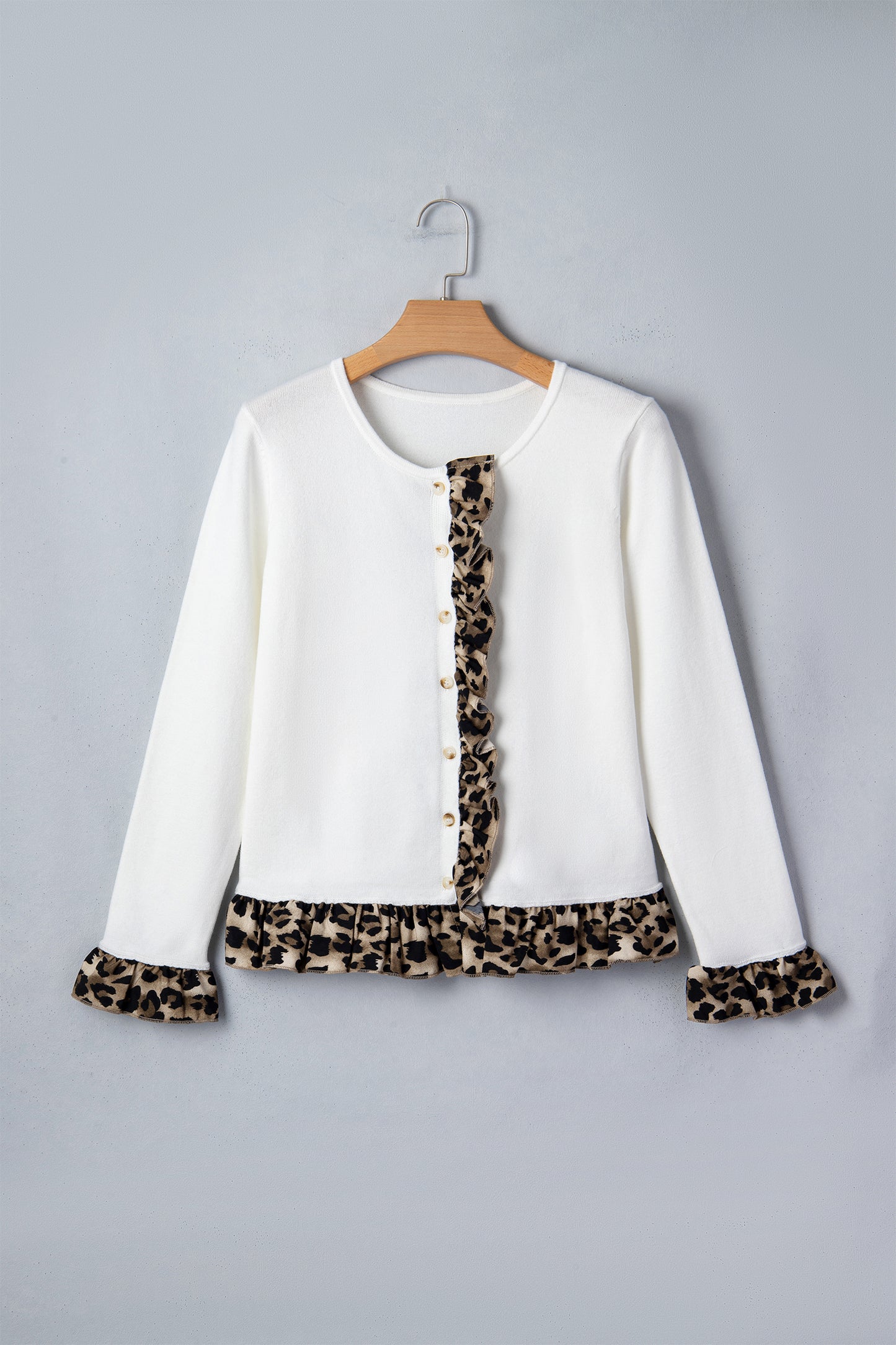 White Knitted Leopard Ruffle Patchwork Button Down Cropped Cardigan