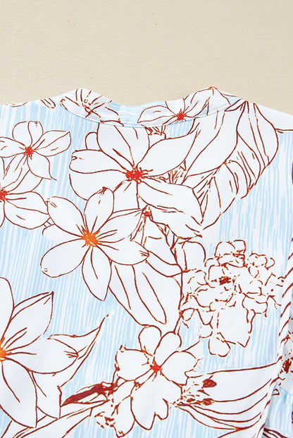 Brown Floral Print Tie Neck 3/4 Sleeve Mini Dress