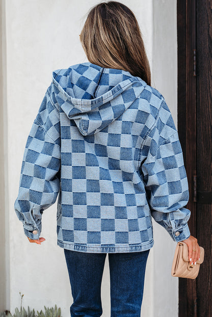 Sky Blue Checkerboard Zipped Neck Kangaroo Pocket Denim Hoodie
