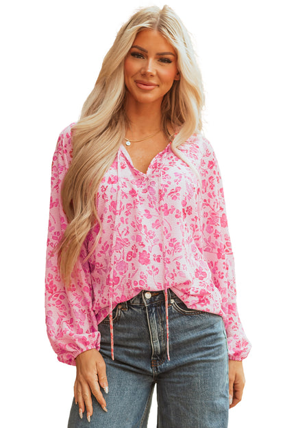 Pink Floral Puff Sleeve Split Neck Lightweight Blouse