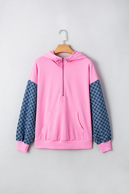 Bonbon Checkered Patchwork Kangaroo Pocket Half Zipper Hoodie