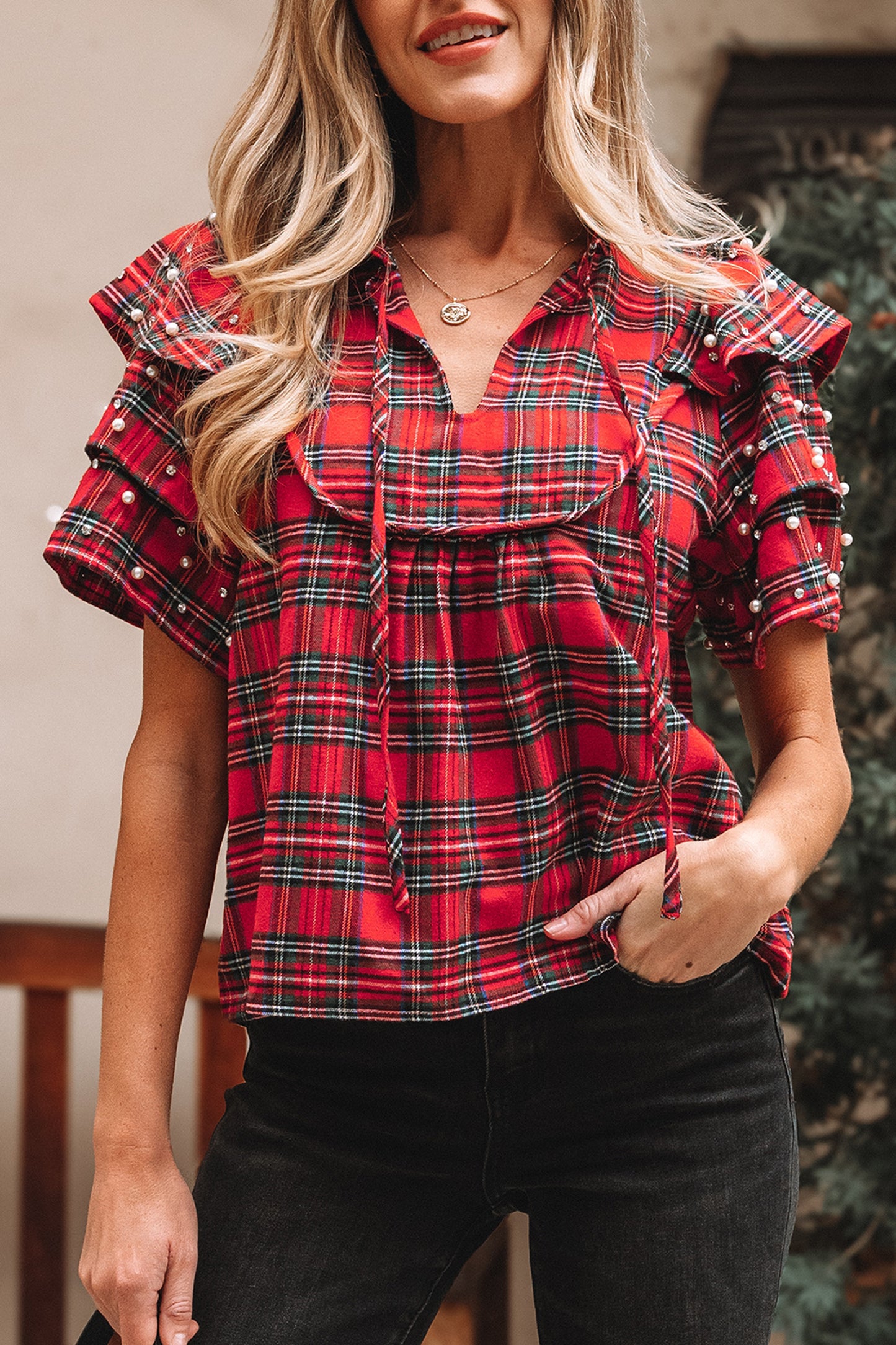 Red Festive Plaid Pearl Embellished Ruffle Short Sleeve Blouse