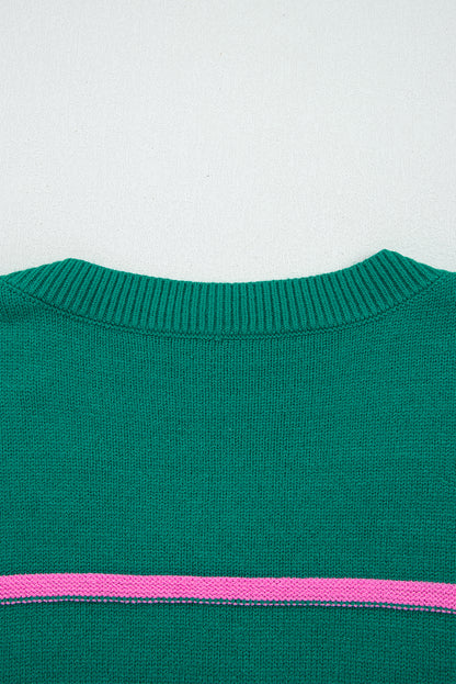 Green Stripe Half Buttons Drop Shoulder Plus Size Sweater